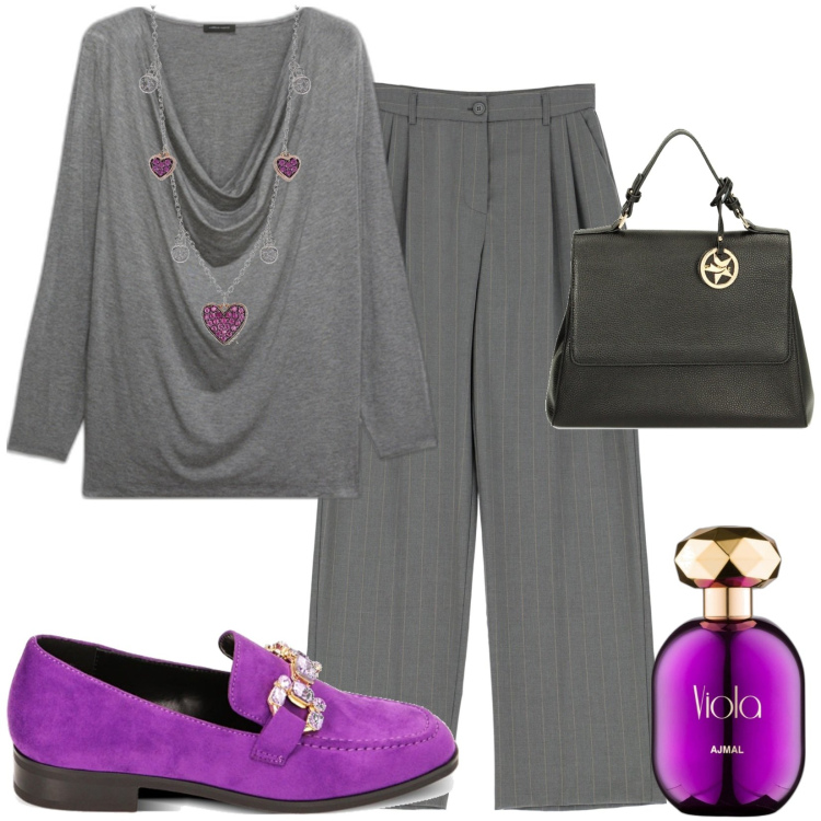Outfit donna - Total look #1787503. Stile Casual per Ufficio. Abbinamento con profumi, collane, pantaloni a palazzo, t-shirt, mocassini, borse a mano.