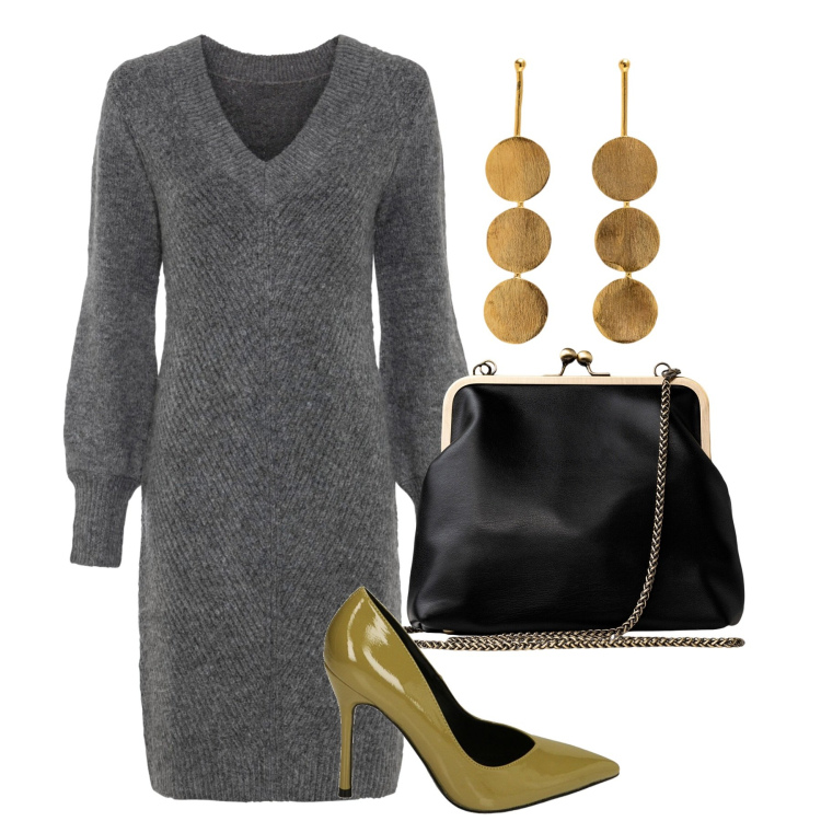 Outfit donna - Senape col tacco. Stile Chic per Serata fuori. Abbinamento con vestiti, décolleté, clutch, orecchini.