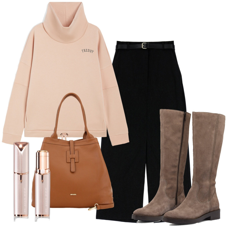 Outfit donna - Pesca. Stile Urban per Tutti i giorni. Abbinamento con blush, felpe, gonne lunghe, borse a secchiello, stivali sopra il ginocchio.