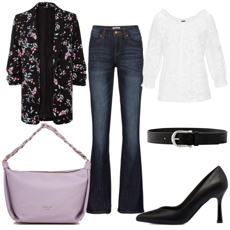 Outfit donna - Giacca a fiori. Stile Casual chic per Tutti i giorni. Abbinamento con jeans bootcut, blazer, maglieria, cinture, décolleté, borse a mano.