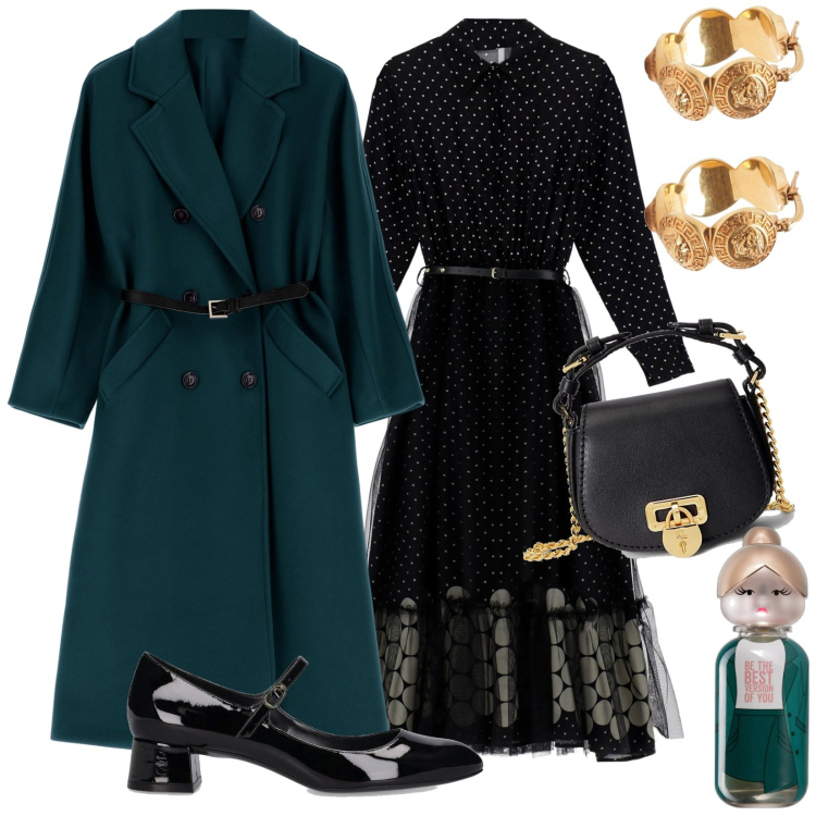 Outfit donna - Total look #1787515. Stile Chic per Serata fuori. Abbinamento con profumi, cappotti, vestiti midi/longuette, borse a tracolla, décolleté, orecchini.