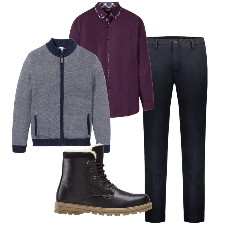 Outfit uomo - Porpora e blu. Stile Casual per Tutti i giorni. Abbinamento con cardigans, stivali e stivaletti, camicie, pantaloni.