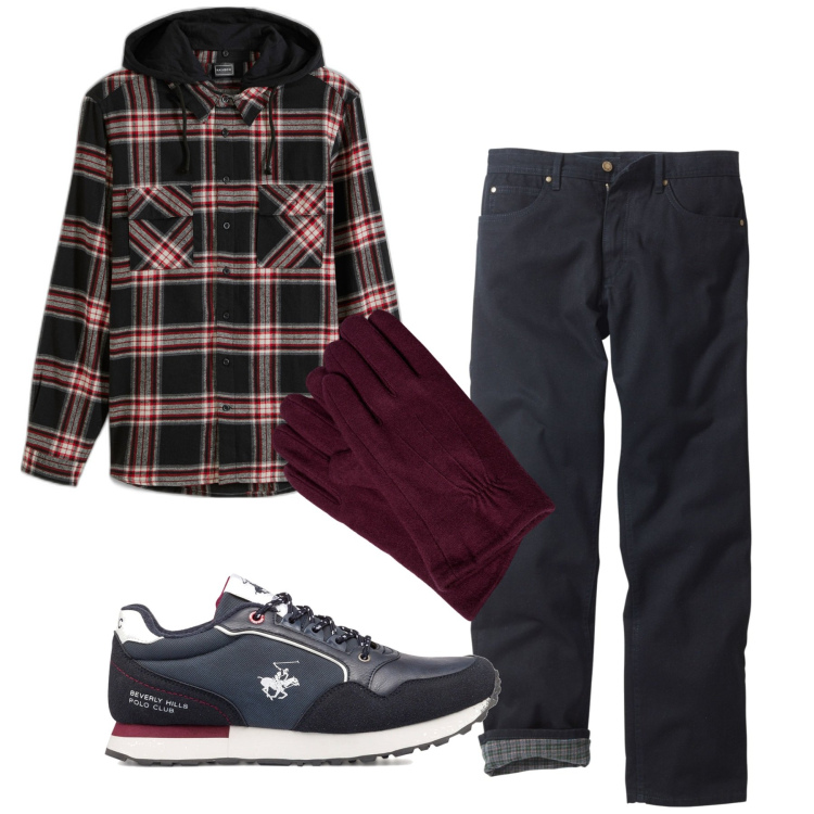 Outfit uomo - Quadroni. Stile Urban per Tutti i giorni. Abbinamento con camicie, jeans dritti, sneakers, guanti.