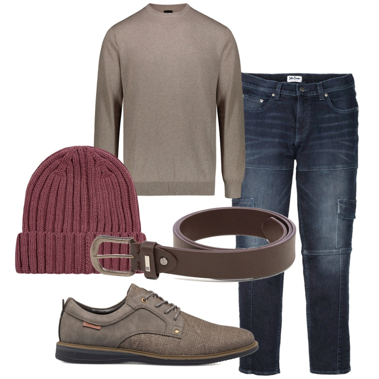 Outfit uomo - Fragola. Stile Casual per Tutti i giorni. Abbinamento con jeans slim fit, cinture, scarpe stringate, maglieria, berretti.