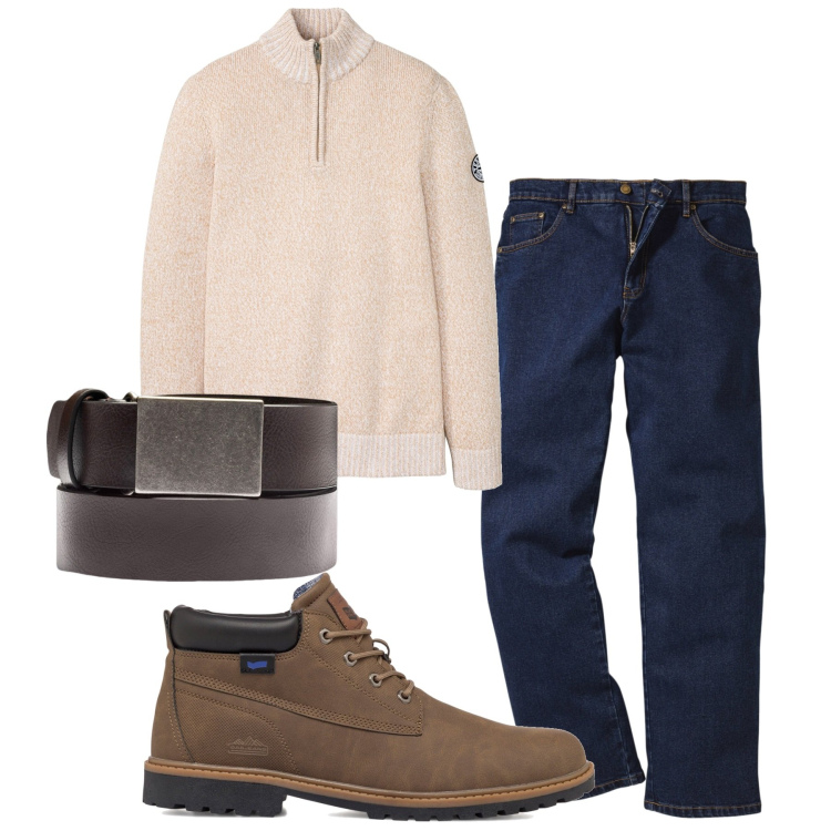 Outfit uomo - Pomeriggio. Stile Casual per Tutti i giorni. Abbinamento con jeans dritti, maglieria, stivali e stivaletti, cinture.