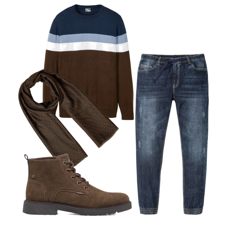 Outfit uomo - Bicolore. Stile Casual per Tutti i giorni. Abbinamento con maglieria, jeans slim fit, anfibi, sciarpe.