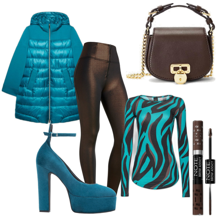 Outfit donna - Less & Fast. Stile Chic per Serata fuori. Abbinamento con mascara, maglieria, décolleté, pantaloni skinny, borse a tracolla, piumini.