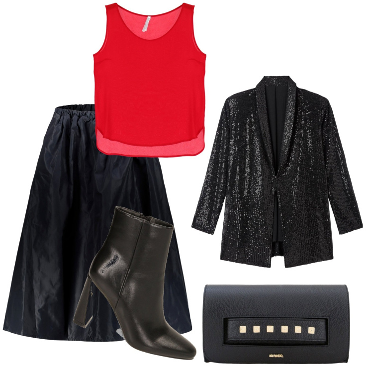 Outfit donna - San Silvestro. Stile Chic per Serata fuori. Abbinamento con camicie, pochette, canottiere, stivaletti, gonne lunghe.