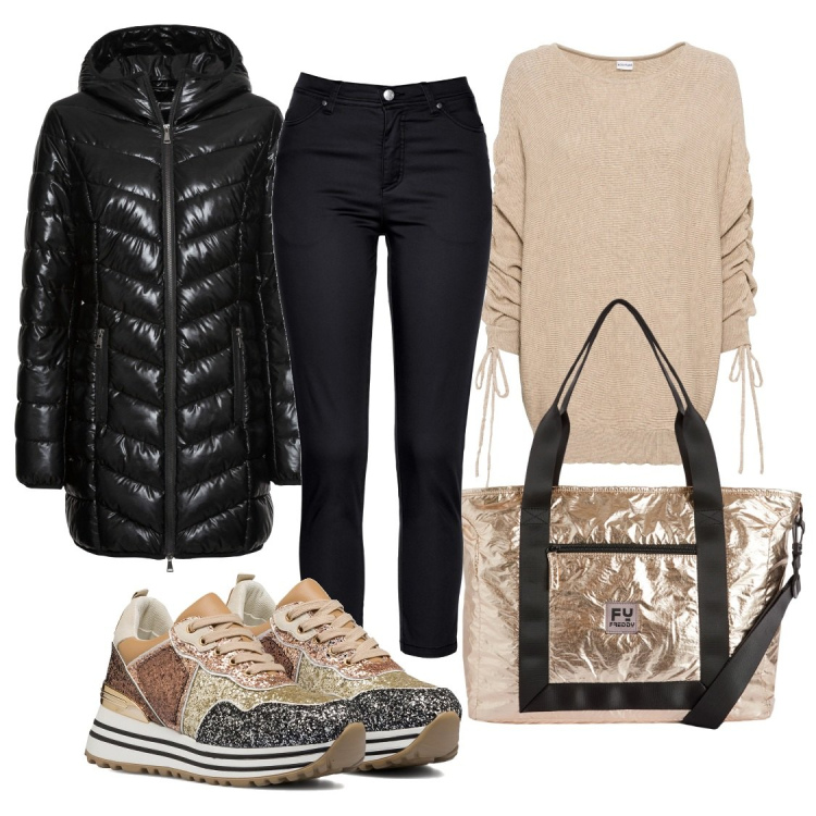 Outfit donna - Passeggiata invernale. Stile Casual per Tutti i giorni. Abbinamento con giacche, pantaloni, maglieria, borse tote, sneakers.