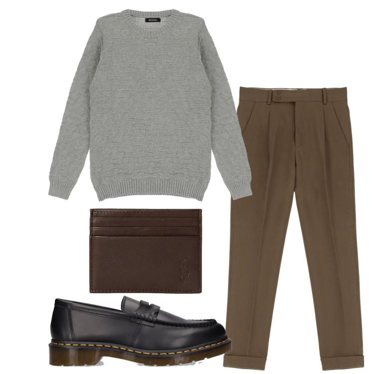 Outfit uomo - Il portafogli. Stile Casual per Tutti i giorni. Abbinamento con pantaloni, maglieria, portafogli, scarpe stringate.