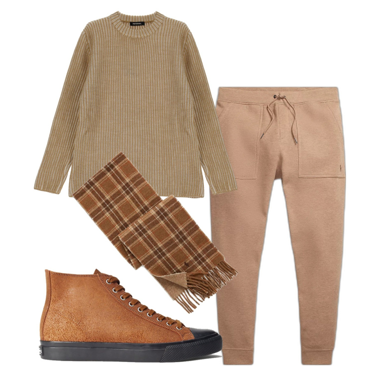 Outfit uomo - A casa di amici. Stile Trendy per Tutti i giorni. Abbinamento con pullovers, sneakers, sciarpe, pantaloni.