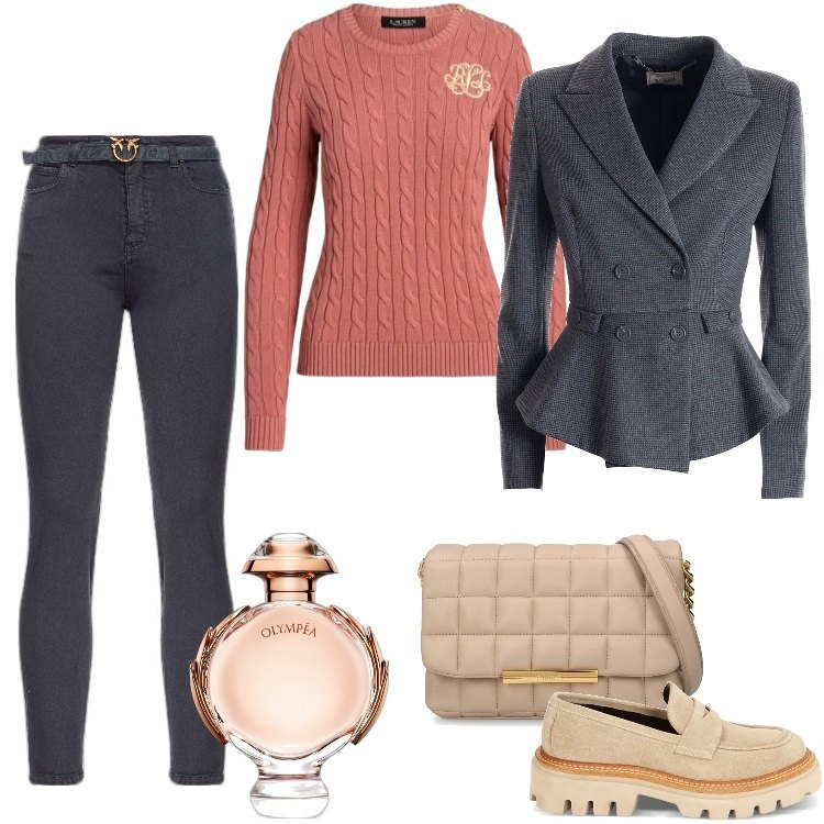 Outfit donna - Total look #1787576. Stile Sporty chic per Ufficio. Abbinamento con profumi, pantaloni, blazer, mocassini, maglieria, borse a spalla.