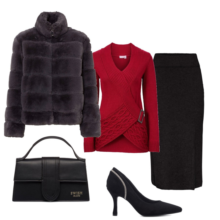 Outfit donna - Semplicemente elegante. Stile Chic per Serata fuori. Abbinamento con ecopellicce, gonne, maglieria, décolleté, borse a mano.