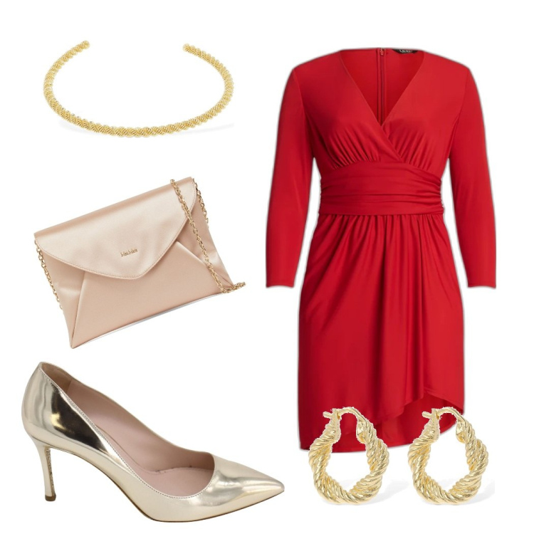 Outfit donna - Cenone di Capodanno. Stile Chic per Serata fuori. Abbinamento con décolleté, vestiti asimmetrici, orecchini, pochette, collane.