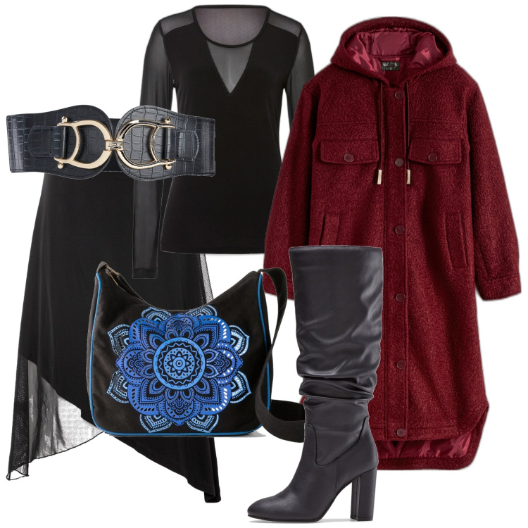 Outfit donna - Capodanno Rosso e Nero. Stile Chic per Serata fuori. Abbinamento con maglieria, gonne, cappotti, stivali sopra il ginocchio, cinture, borse a tracolla.
