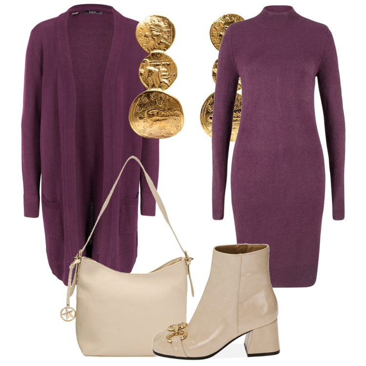 Outfit donna - Le due colonne. Stile Casual chic per Tutti i giorni. Abbinamento con cardigans, vestiti, stivaletti, borse a spalla, orecchini.