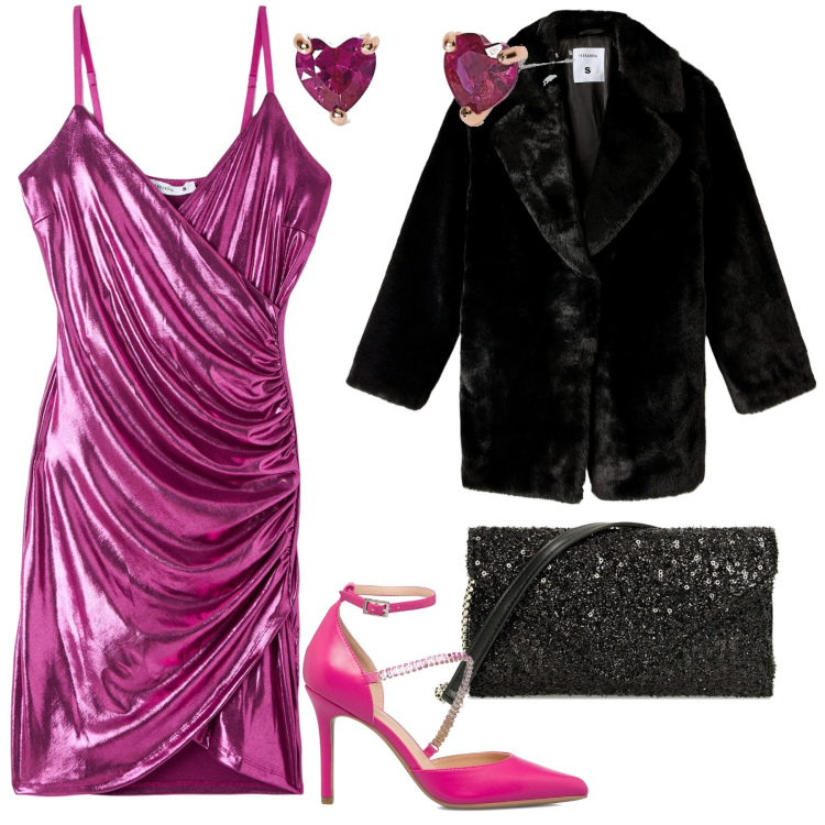 Outfit donna - Brillare a fineanno. Stile Sexy per Serata fuori. Abbinamento con vestiti asimmetrici, ecopellicce, orecchini, borse a tracolla, décolleté.