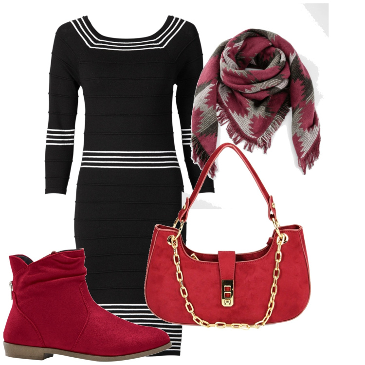 Outfit donna - Rosso ancora. Stile Chic per Tutti i giorni. Abbinamento con vestiti, stivaletti, foulard, borse a spalla.