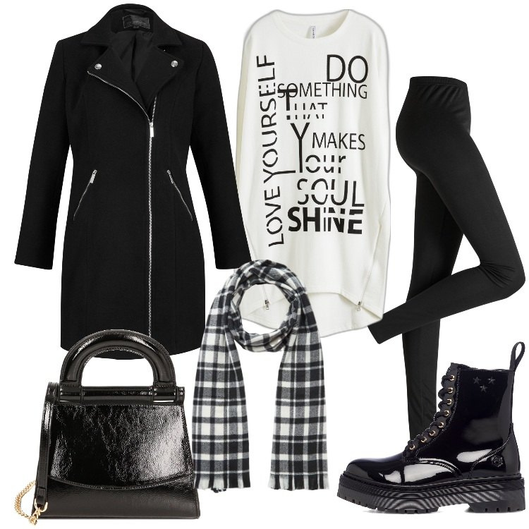 Outfit donna - Vestito in felpa e leggings. Stile Trendy per Tutti i giorni. Abbinamento con leggings, vestiti, cappotti, sciarpe, borse a mano, anfibi.