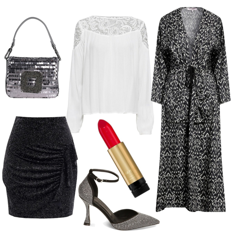 Outfit donna - Ultimo dell\' anno. Stile Glamour per Serata fuori. Abbinamento con tuniche, rossetti, cappotti, borse a mano, gonne, décolleté.