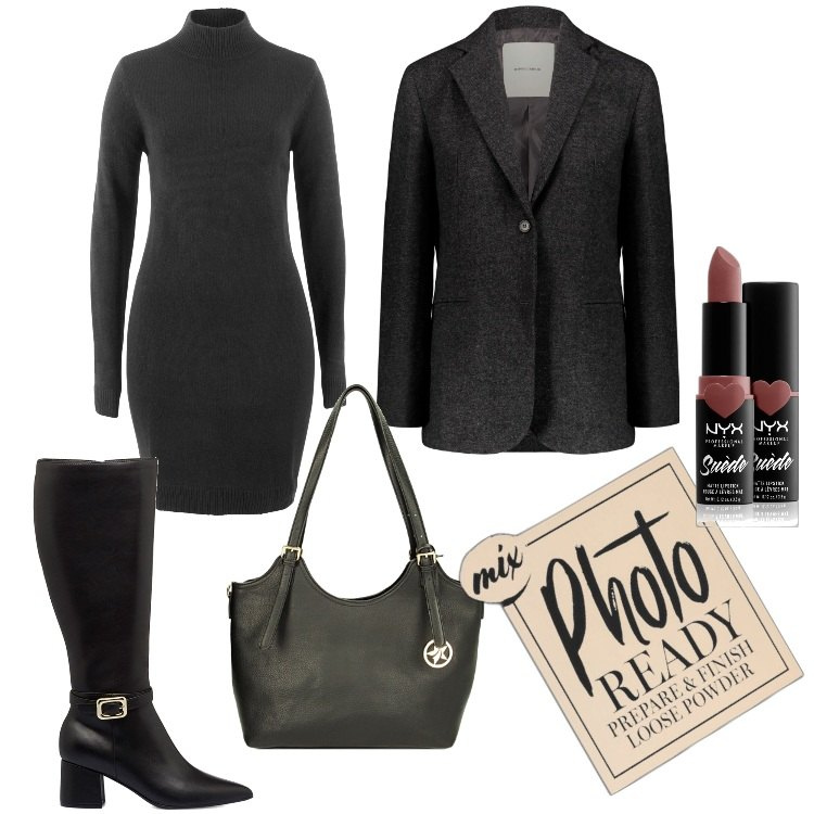 Outfit donna - Total look #1787619. Stile Urban per Ufficio. Abbinamento con vestiti, ciprie, rossetti, borse a spalla, stivali sopra il ginocchio, blazer.