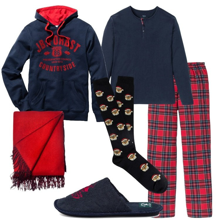 Outfit uomo - Homewear per le feste!. Stile Casual per Tutti i giorni. Abbinamento con felpe con cappuccio, abbigliamento da notte, pantofole, sciarpe, calzini.