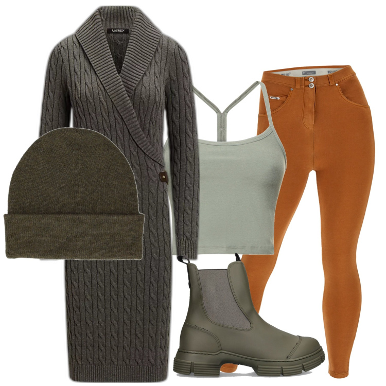 Outfit donna - Green and orange. Stile Urban per Tutti i giorni. Abbinamento con pantaloni skinny, vestiti, cappelli, stivaletti, canottiere.