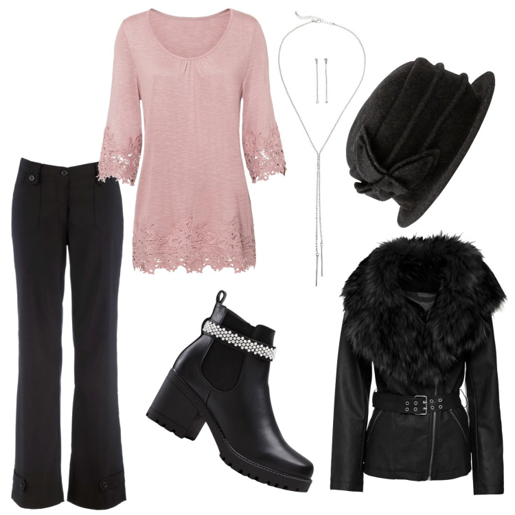Outfit donna - Capodanno soft. Stile Bon Ton per Serata fuori. Abbinamento con maglieria, pantaloni, blazer, stivaletti, cappelli, collane.