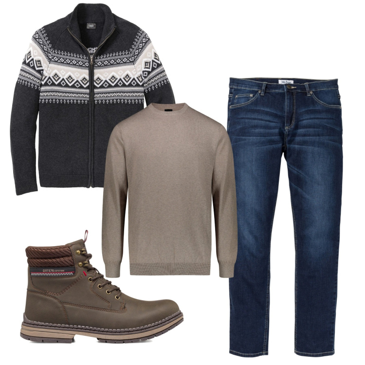 Outfit uomo - Spago e nero. Stile Casual per Tutti i giorni. Abbinamento con jeans, cardigans, stivali e stivaletti, maglieria.