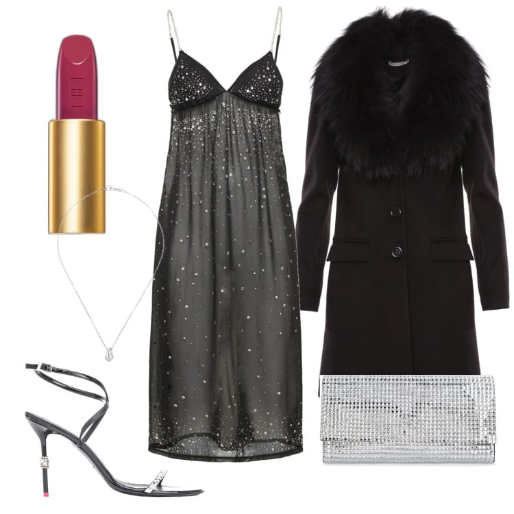 Outfit donna - Scintillanti a capodanno. Stile Chic per Serata fuori. Abbinamento con rossetti, sandali in pelle, cappotti, vestiti, pochette, collane.