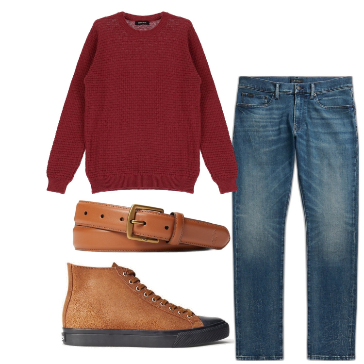 Outfit uomo - Rosso e denim. Stile Casual per Tutti i giorni. Abbinamento con pullovers, sneakers, cinture, jeans.