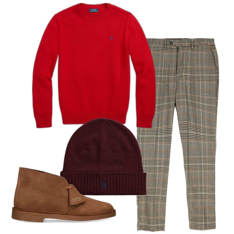 Outfit uomo - Scarlatto. Stile Trendy per Tutti i giorni. Abbinamento con pantaloni, berretti, maglieria, stivali.