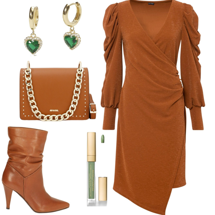 Outfit donna - Tonalità cognac. Stile Chic per Ufficio. Abbinamento con vestiti, correttori, orecchini, pochette, stivaletti.
