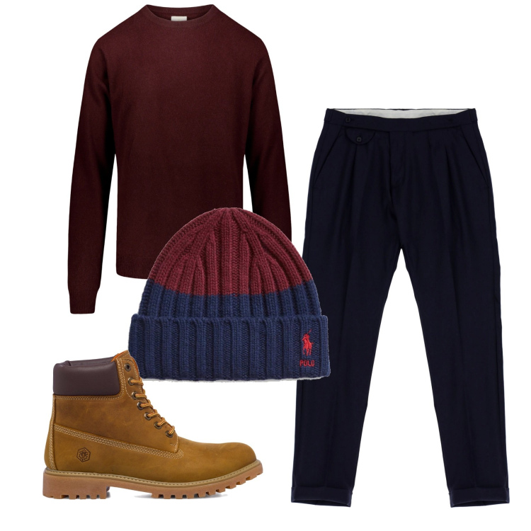 Outfit uomo - Rosso cupo. Stile Trendy per Tutti i giorni. Abbinamento con pantaloni, stivali e stivaletti, berretti, maglieria.