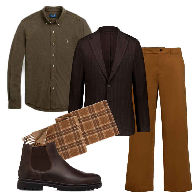 Outfit uomo - I colori dell\'inverno. Stile Trendy per Serata speciale. Abbinamento con camicie, sciarpe, stivali e stivaletti, pantaloni chino, giacche.