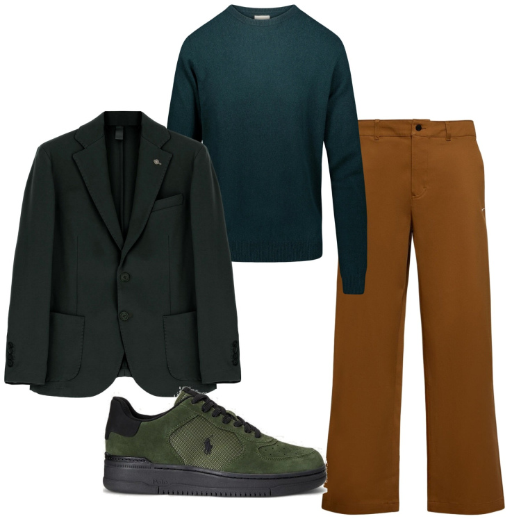 Outfit uomo - Caramello e verde. Stile Trendy per Tutti i giorni. Abbinamento con cappotti, sneakers, maglieria, pantaloni chino.