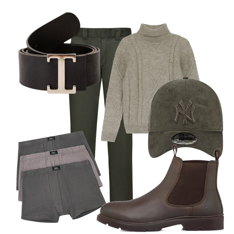 Outfit uomo - Boxer. Stile Casual per Tutti i giorni. Abbinamento con boxer, cinture, maglieria, stivali e stivaletti, pantaloni, cappelli con visiera.