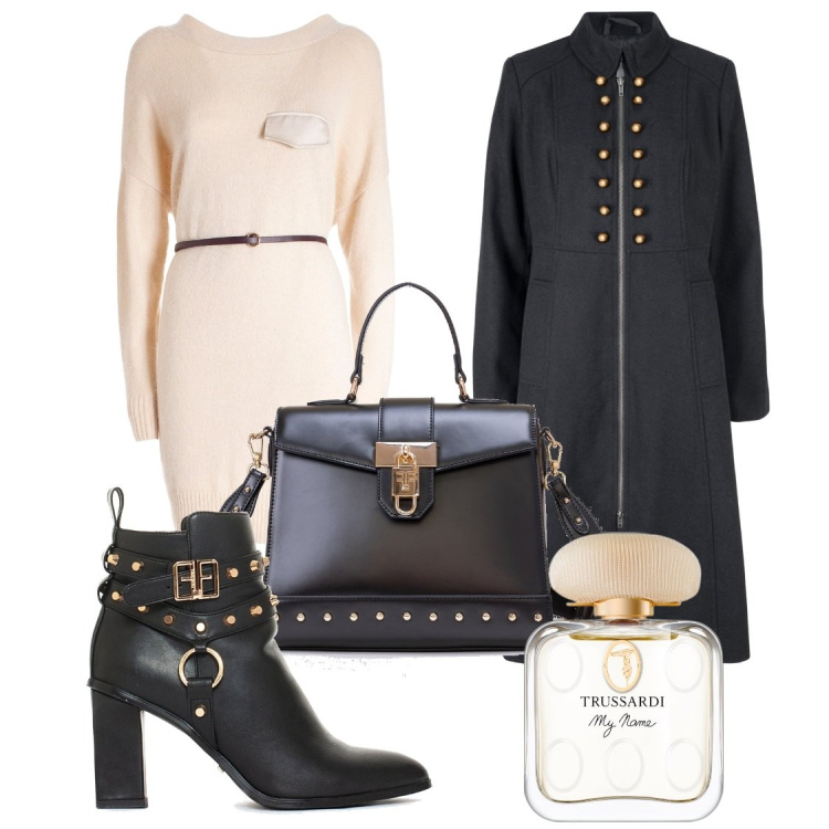 Outfit donna - Le Borchie dorate. Stile Chic per Serata fuori. Abbinamento con cappotti, profumi, vestiti midi/longuette, stivaletti, borse tote.