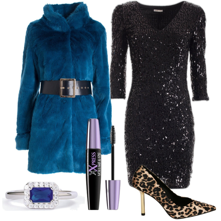 Outfit donna - New year party. Stile Glamour per Serata fuori. Abbinamento con mascara, anelli, vestiti corti, cappotti, décolleté.
