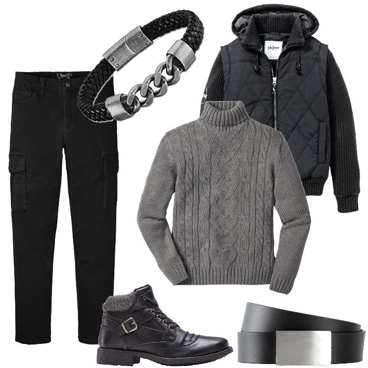 Outfit uomo - Total look #1787694. Stile Trendy per Tutti i giorni. Abbinamento con maglieria, giacche, pantaloni cargo, stivali e stivaletti, cinture, braccialetti.