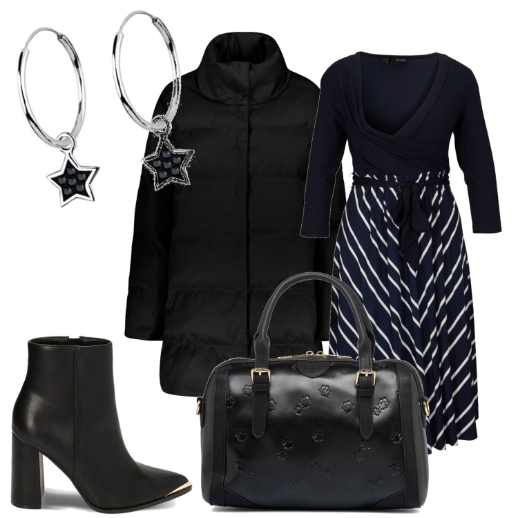Outfit donna - Vestita per il pranzo di famiglia. Stile Casual chic per Tutti i giorni. Abbinamento con vestiti, stivaletti, borse a mano, cappotti, orecchini.