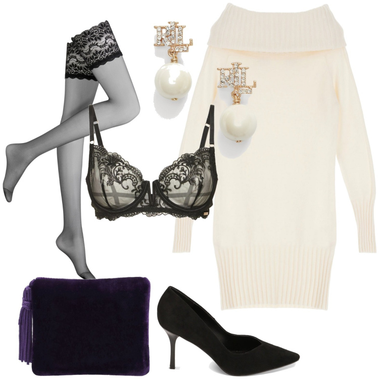 Outfit donna - Total look #1787703. Stile Chic per Serata fuori. Abbinamento con collant, vestiti corti, décolleté, orecchini, reggiseni, pochette.