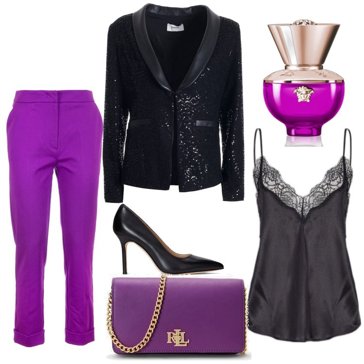 Outfit donna - Pantaloni a sigaretta viola. Stile Glamour per Serata fuori. Abbinamento con profumi, top, blazer, pantaloni, borse a mano, décolleté.