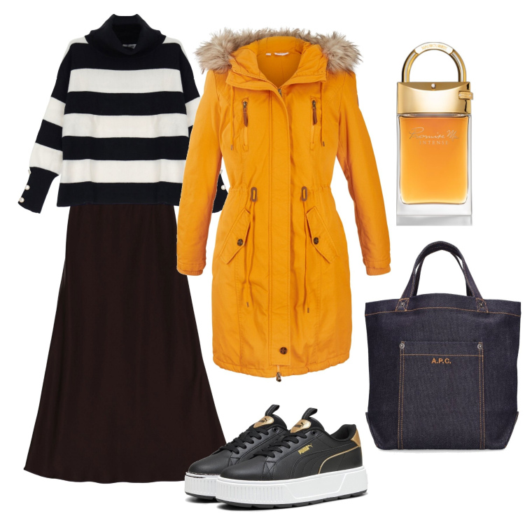 Outfit donna - Il mio cappotto. Stile Casual chic per Tutti i giorni. Abbinamento con parka, profumi, maglieria, gonne longuette, sneakers, shopping bag.