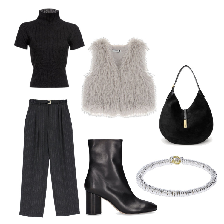 Outfit donna - Città 3. Stile Casual chic per Tutti i giorni. Abbinamento con maglieria, pantaloni a palazzo, borse a spalla, gilet, stivaletti, braccialetti.