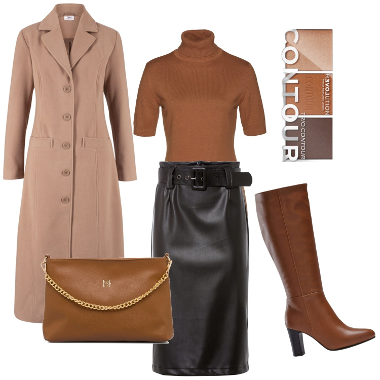 Outfit donna - Caldo marrone. Stile Chic per Tutti i giorni. Abbinamento con maglieria, gonne longuette, stivali, cappotti, terre, borse a tracolla.