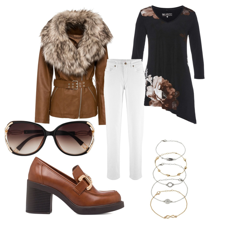 Outfit donna - Pronti per l\'aperitivo. Stile Casual per Tutti i giorni. Abbinamento con jeans mom, braccialetti con ciondoli, maglieria, blazer, occhiali da sole, mocassini.