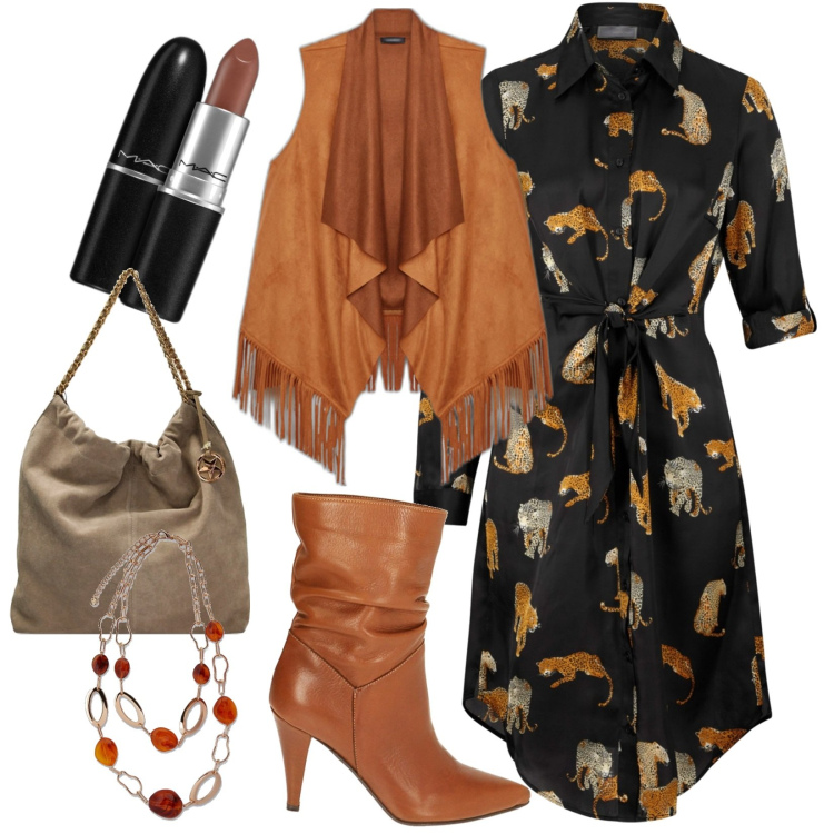 Outfit donna - Total look #1787738. Stile Urban per Serata fuori. Abbinamento con vestiti chemisier, rossetti, stivaletti, borse a spalla, gilet, ciondoli.
