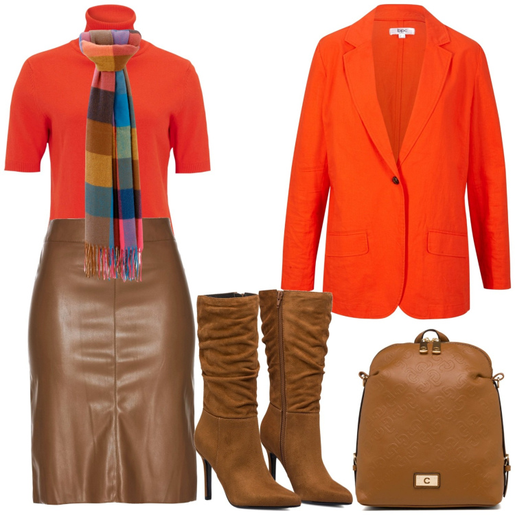 Outfit donna - Donna grintosa. Stile Urban per Ufficio. Abbinamento con gonne longuette, blazer, maglieria, sciarpe, stivali sopra il ginocchio, zaini.