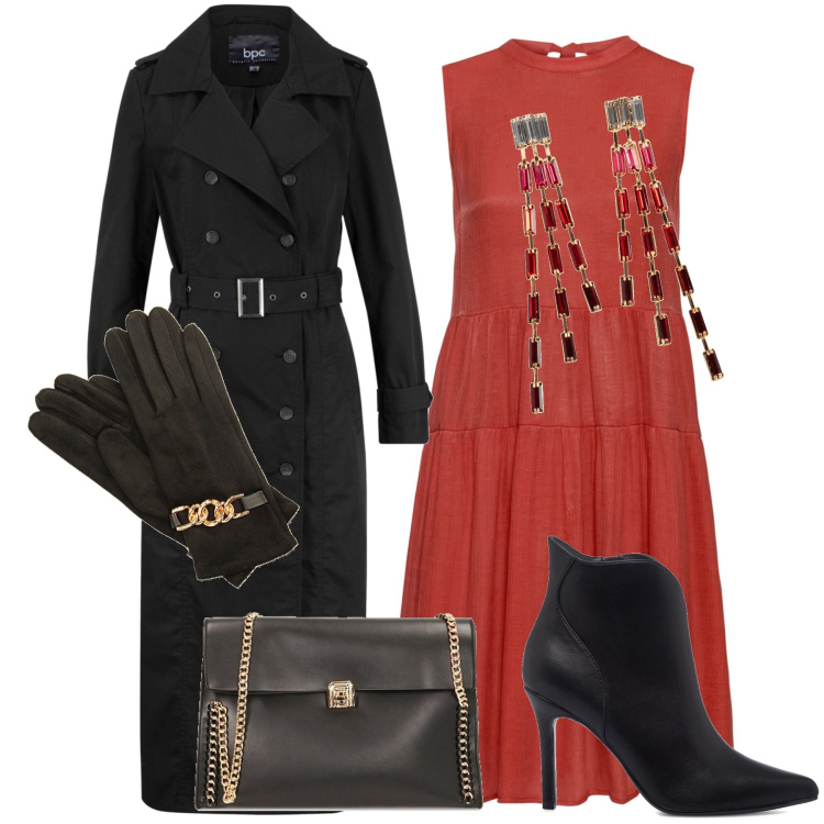 Outfit donna - Rosso sciok. Stile Chic per Serata fuori. Abbinamento con trench, vestiti, orecchini, borse a spalla, guanti, stivaletti.